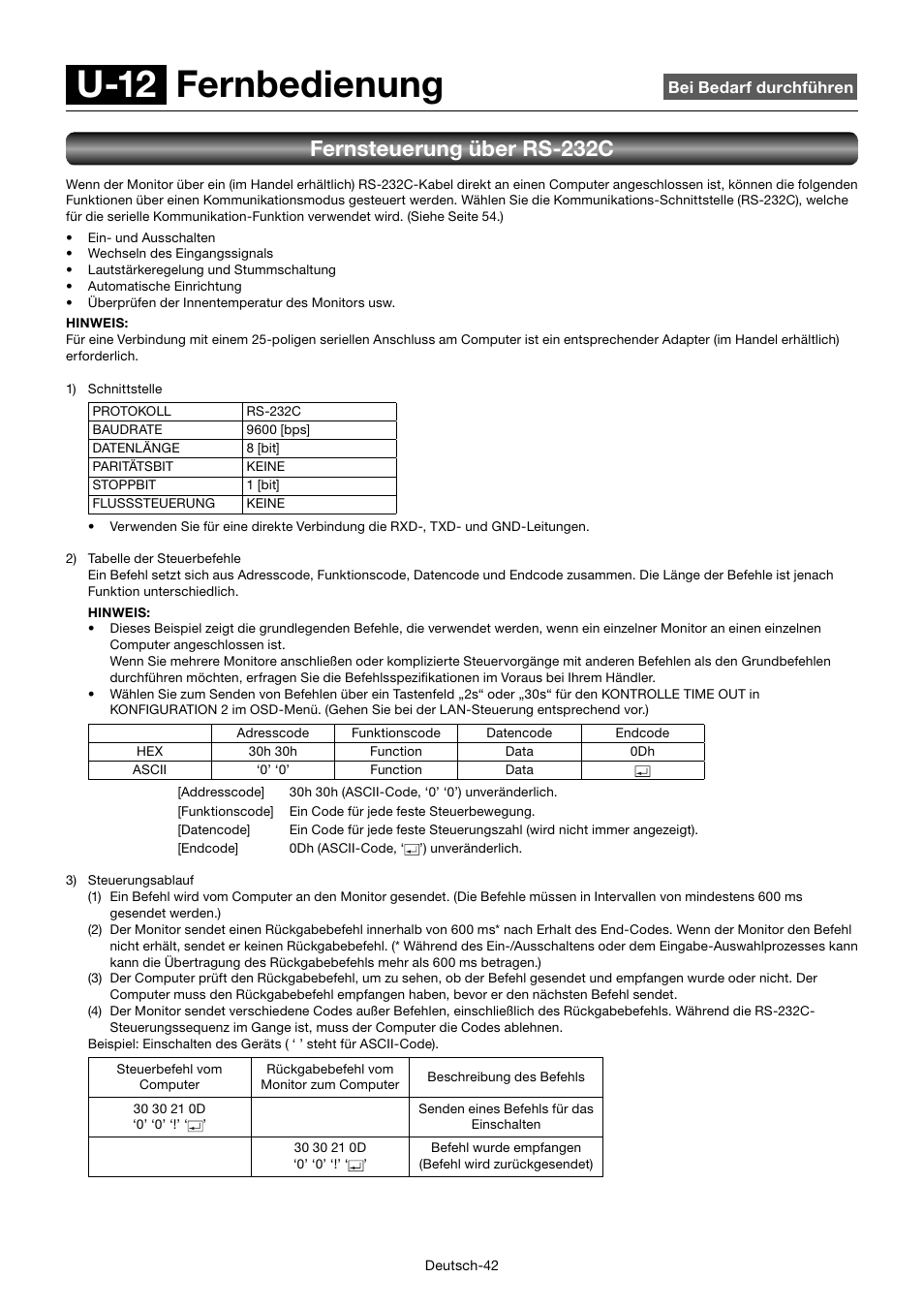 U-12 fernbedienung, Fernsteuerung über rs-232c | MITSUBISHI ELECTRIC MDT552S User Manual | Page 112 / 404