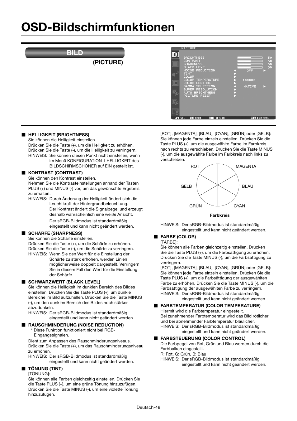 Osd-bildschirmfunktionen, Bild, Picture) | MITSUBISHI ELECTRIC MDT552S User Manual | Page 118 / 404