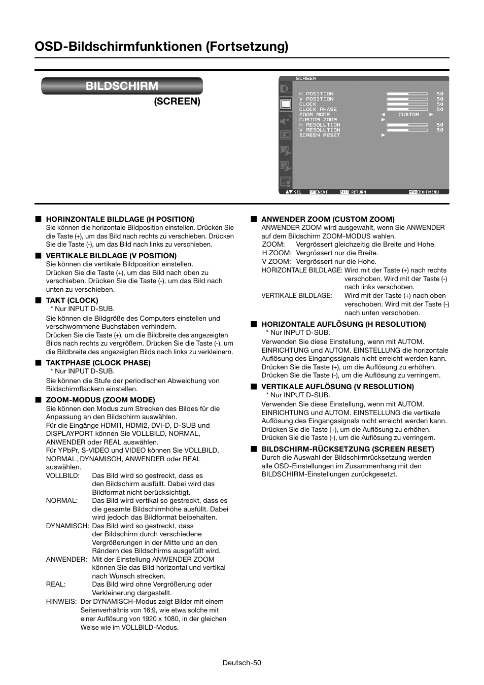 Osd-bildschirmfunktionen (fortsetzung), Bildschirm, Screen) | MITSUBISHI ELECTRIC MDT552S User Manual | Page 120 / 404