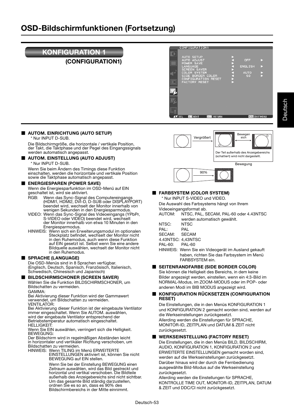 Osd-bildschirmfunktionen (fortsetzung), Konfiguration 1, Deutsch | Configuration1) | MITSUBISHI ELECTRIC MDT552S User Manual | Page 123 / 404