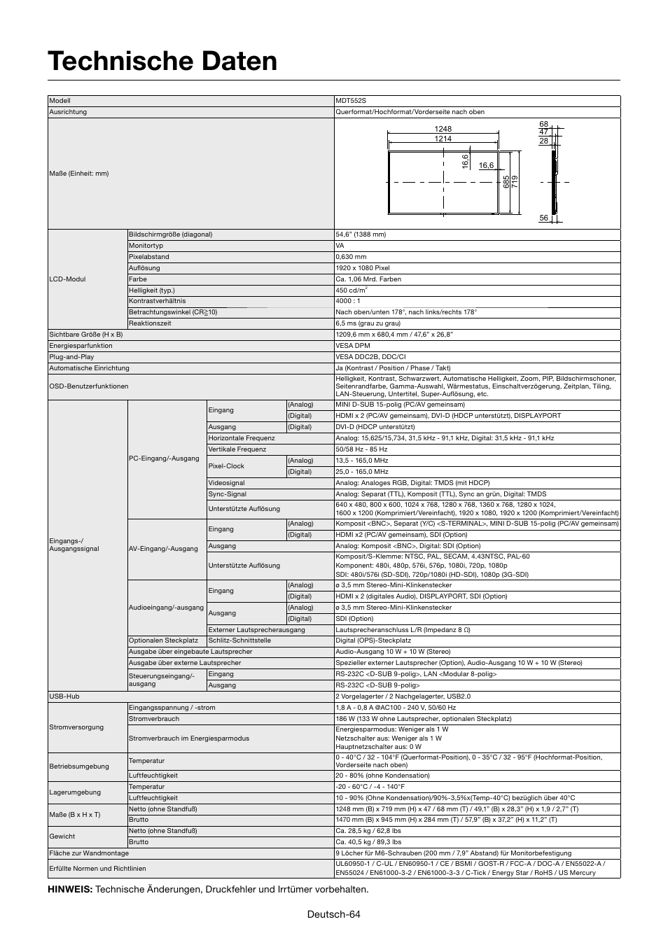 Technische daten, Deutsch-64 | MITSUBISHI ELECTRIC MDT552S User Manual | Page 134 / 404