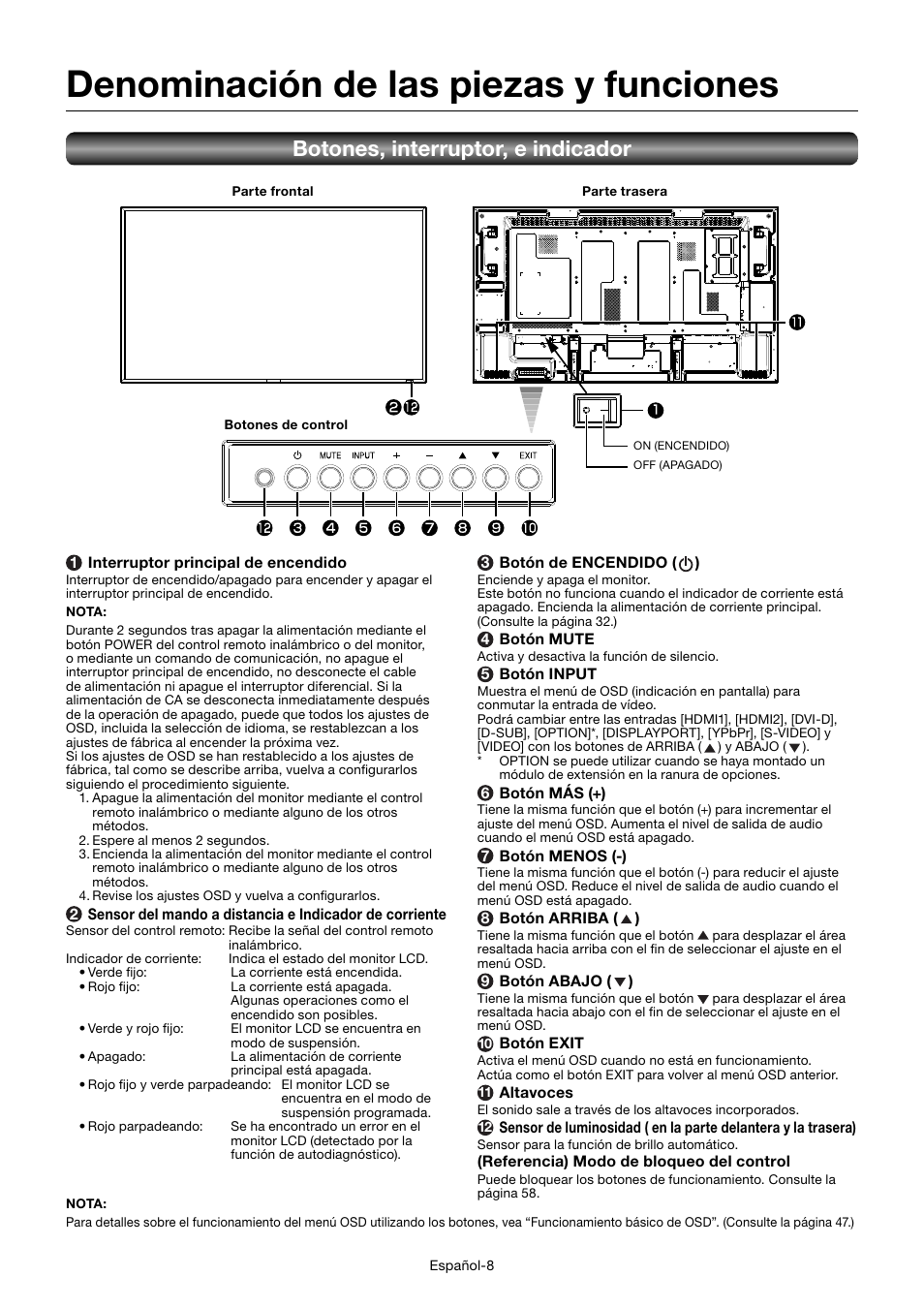 Denominación de las piezas y funciones, Botones, interruptor, e indicador | MITSUBISHI ELECTRIC MDT552S User Manual | Page 144 / 404