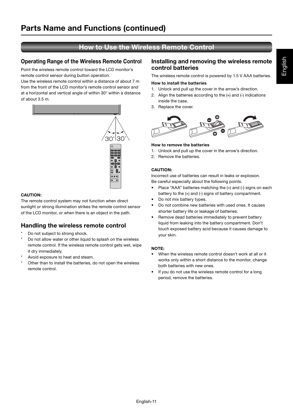 Parts name and functions (continued), How to use the wireless remote control, Handling the wireless remote control | MITSUBISHI ELECTRIC MDT552S User Manual | Page 15 / 404