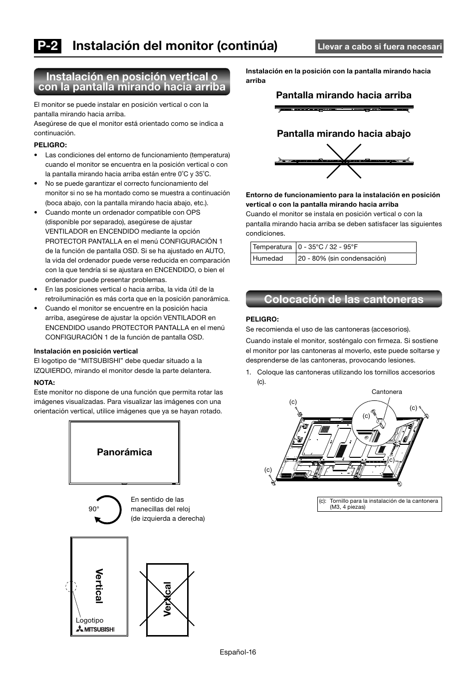 P-2 instalación del monitor (continúa), Colocación de las cantoneras, Ve rt ical v e rt ical | Panorámica | MITSUBISHI ELECTRIC MDT552S User Manual | Page 152 / 404