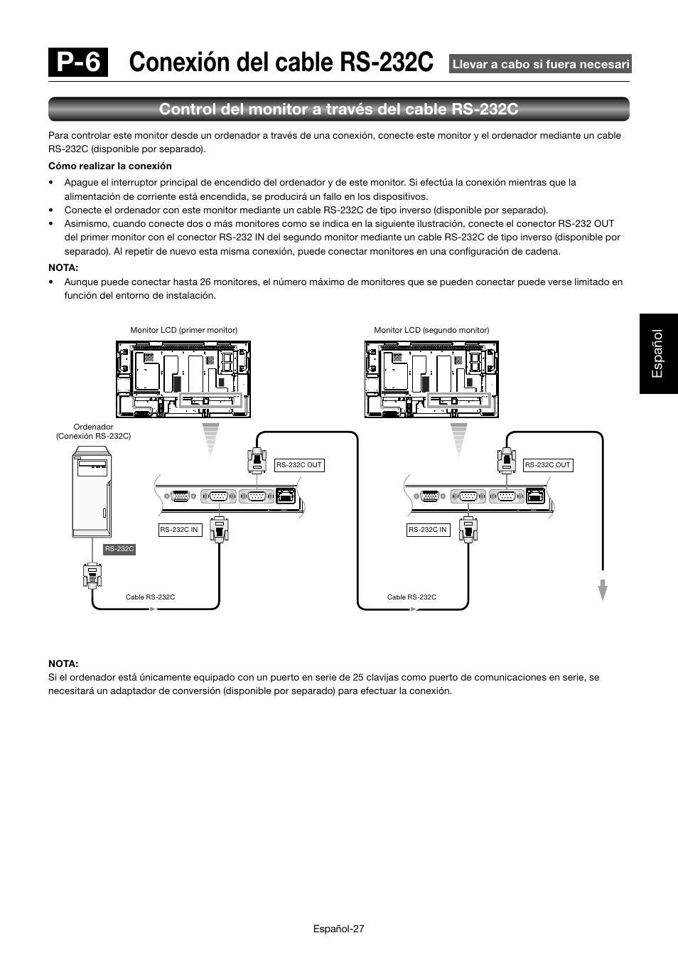 P-6 conexión del cable rs-232c, Control del monitor a través del cable rs-232c, Español | MITSUBISHI ELECTRIC MDT552S User Manual | Page 163 / 404