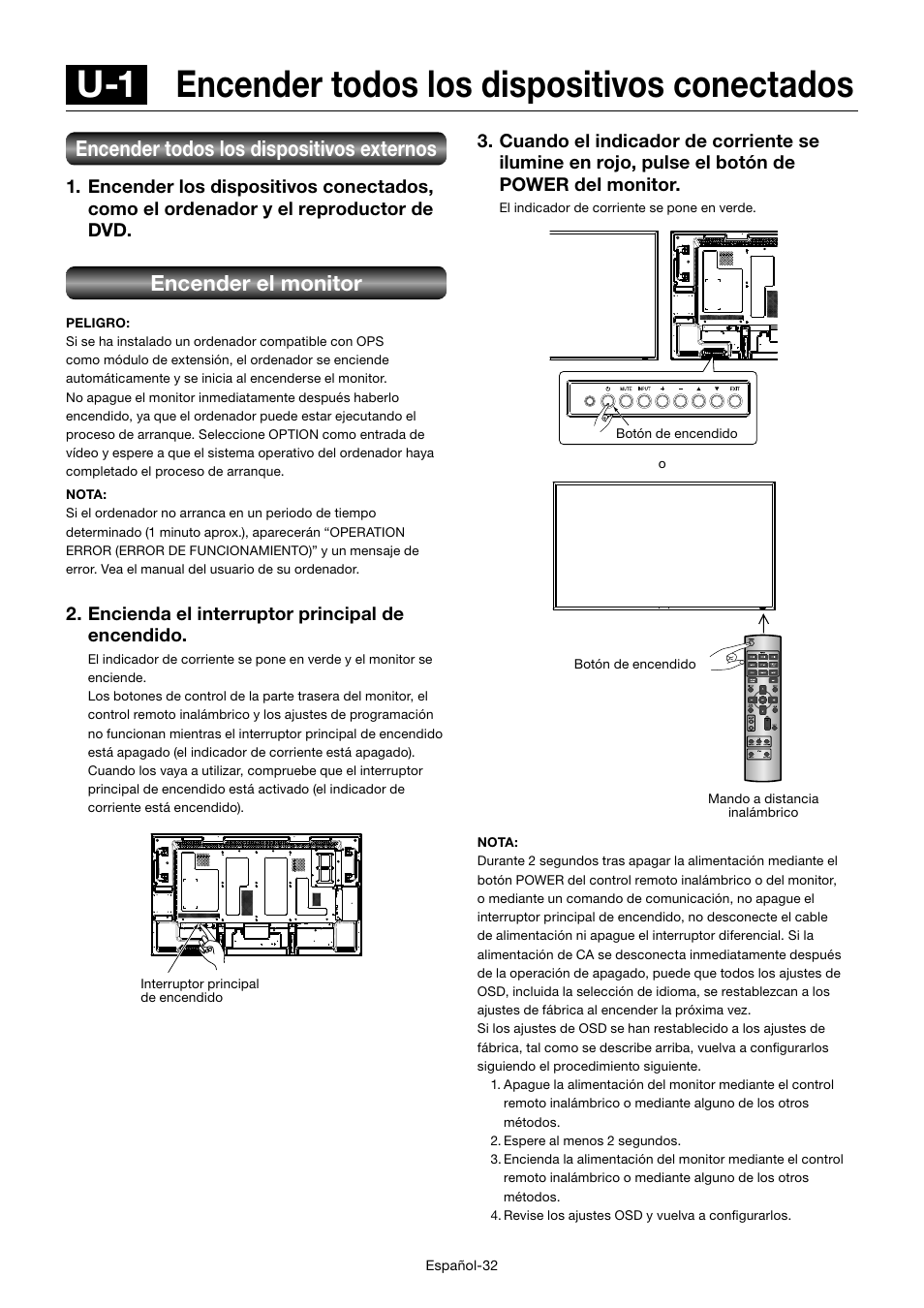 U-1 encender todos los dispositivos conectados, Encender todos los dispositivos externos, Encender el monitor | Encienda el interruptor principal de encendido | MITSUBISHI ELECTRIC MDT552S User Manual | Page 168 / 404