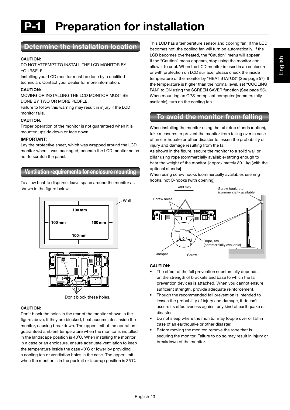 P-1 preparation for installation, Determine the installation location, Ventilation requirements for enclosure mounting | English | MITSUBISHI ELECTRIC MDT552S User Manual | Page 17 / 404
