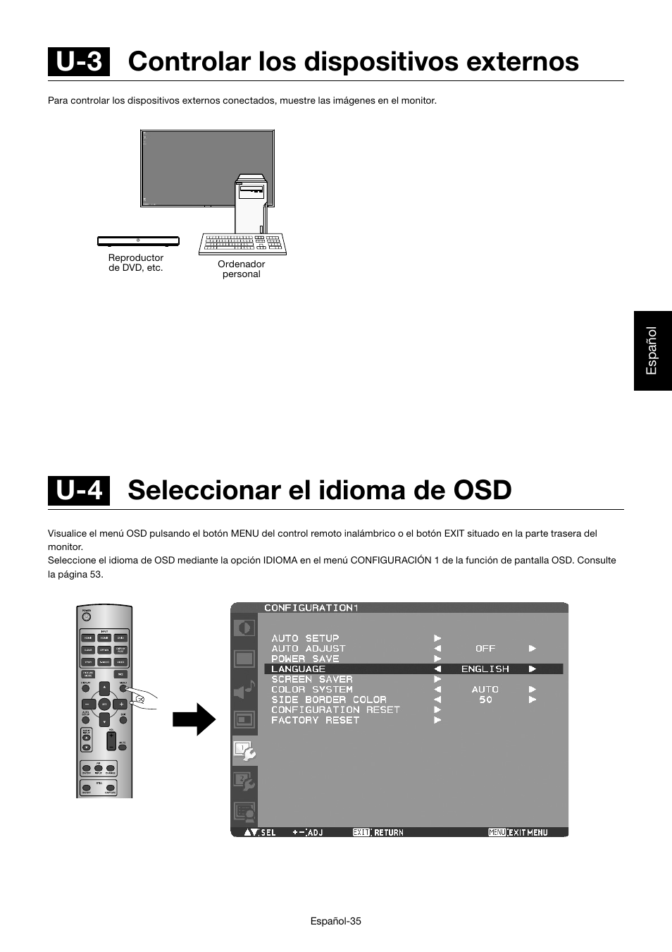 U-4 seleccionar el idioma de osd, U-3 controlar los dispositivos externos | MITSUBISHI ELECTRIC MDT552S User Manual | Page 171 / 404