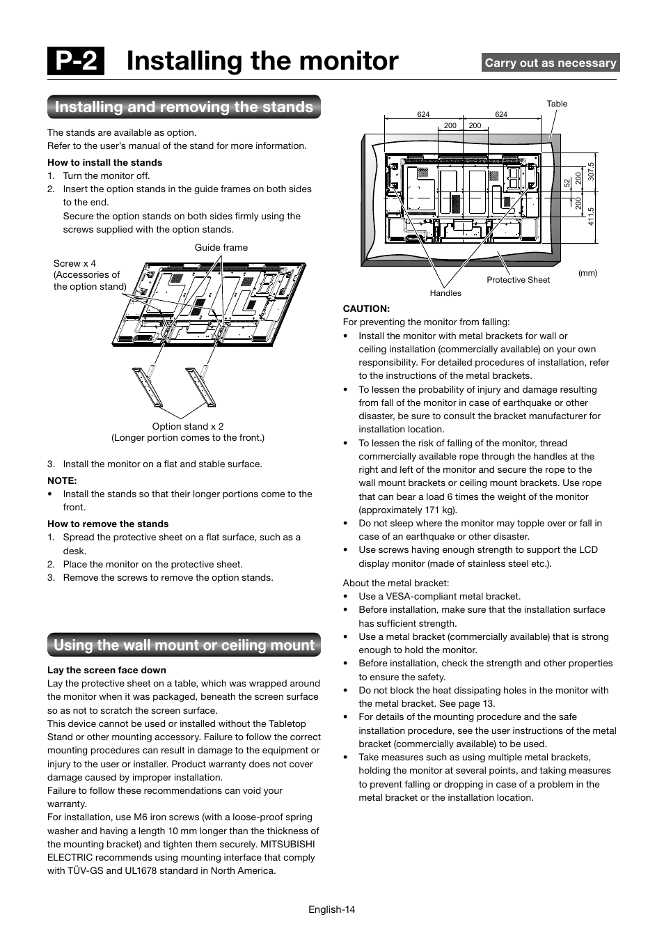 P-2 installing the monitor, Using the wall mount or ceiling mount, Installing and removing the stands | MITSUBISHI ELECTRIC MDT552S User Manual | Page 18 / 404