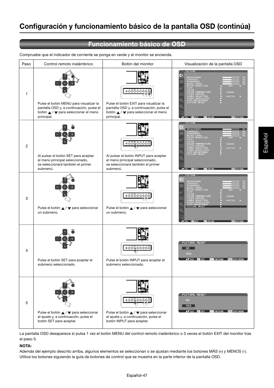 Funcionamiento básico de osd, Español | MITSUBISHI ELECTRIC MDT552S User Manual | Page 183 / 404