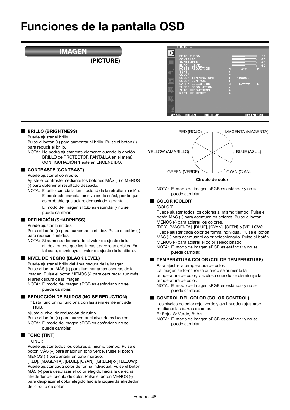 Funciones de la pantalla osd, Imagen, Picture) | MITSUBISHI ELECTRIC MDT552S User Manual | Page 184 / 404