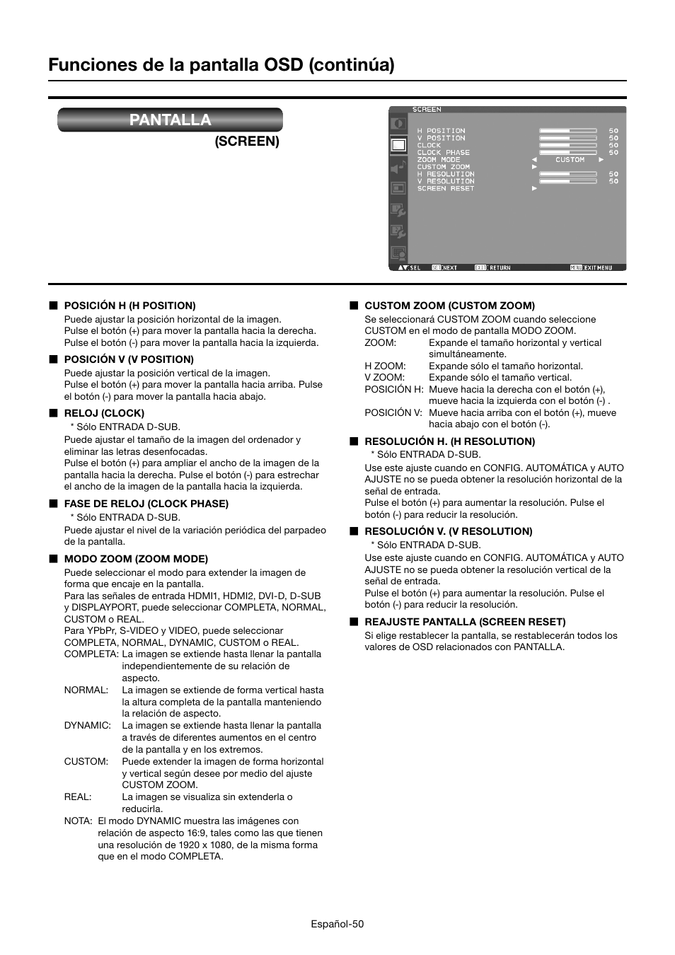 Funciones de la pantalla osd (continúa), Pantalla, Screen) | MITSUBISHI ELECTRIC MDT552S User Manual | Page 186 / 404