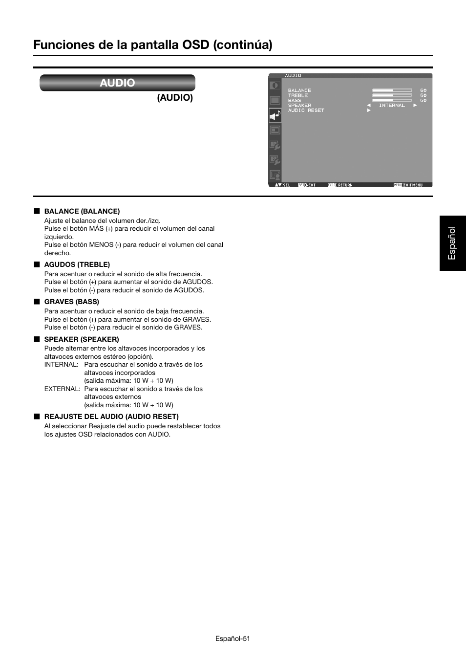 Funciones de la pantalla osd (continúa), Audio | MITSUBISHI ELECTRIC MDT552S User Manual | Page 187 / 404