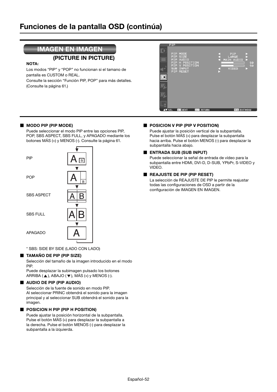 Funciones de la pantalla osd (continúa), Imagen en imagen, Picture in picture) | MITSUBISHI ELECTRIC MDT552S User Manual | Page 188 / 404