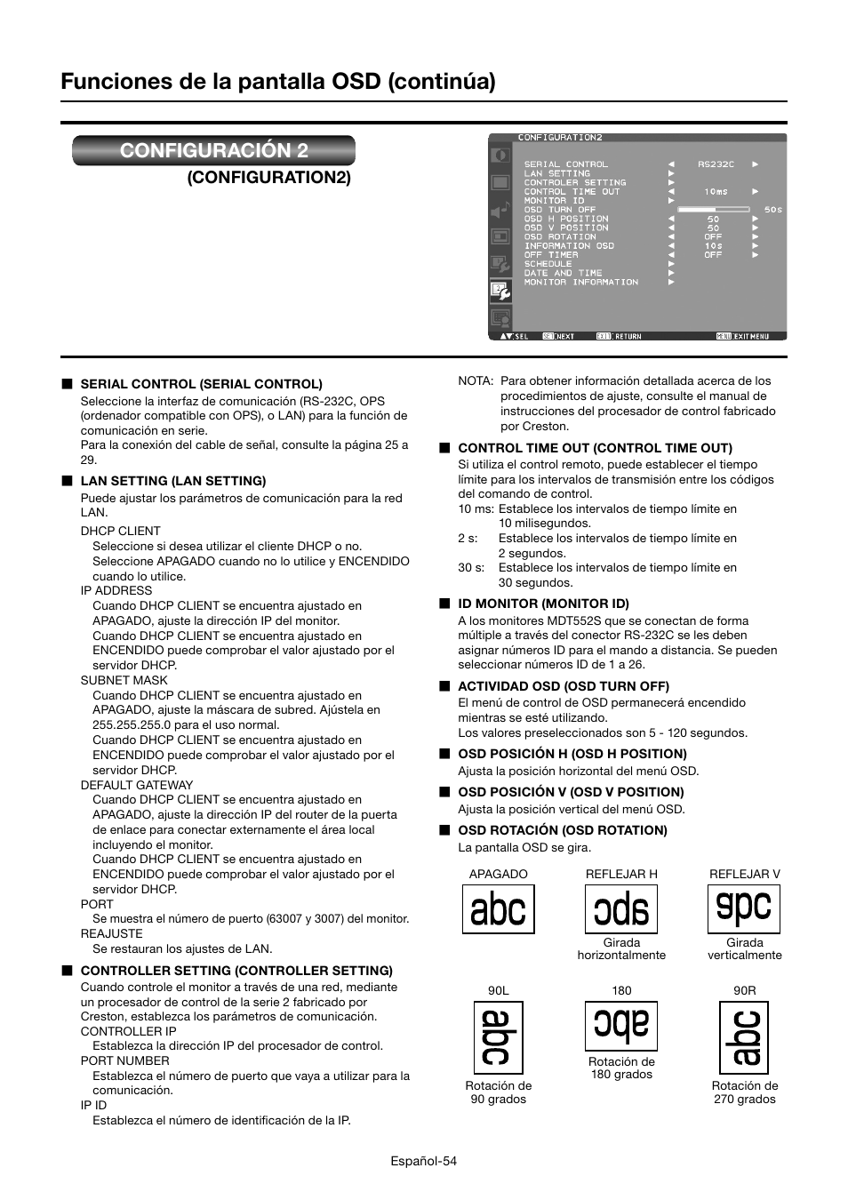 Funciones de la pantalla osd (continúa), Configuración 2, Configuration2) | MITSUBISHI ELECTRIC MDT552S User Manual | Page 190 / 404