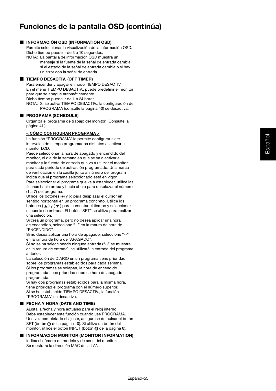 Funciones de la pantalla osd (continúa), Español | MITSUBISHI ELECTRIC MDT552S User Manual | Page 191 / 404