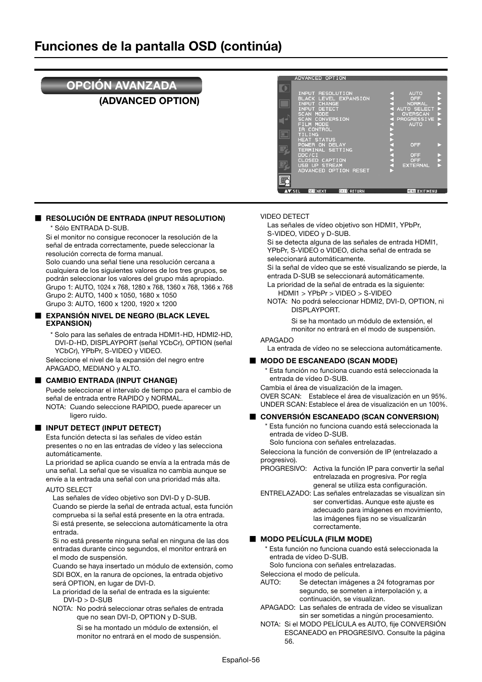 Funciones de la pantalla osd (continúa), Opción avanzada, Advanced option) | MITSUBISHI ELECTRIC MDT552S User Manual | Page 192 / 404