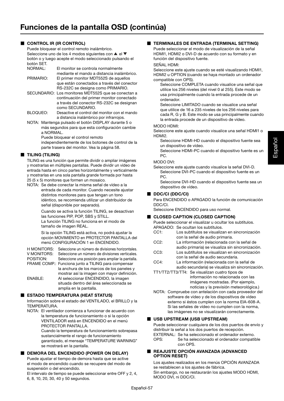 Funciones de la pantalla osd (continúa), Español | MITSUBISHI ELECTRIC MDT552S User Manual | Page 193 / 404