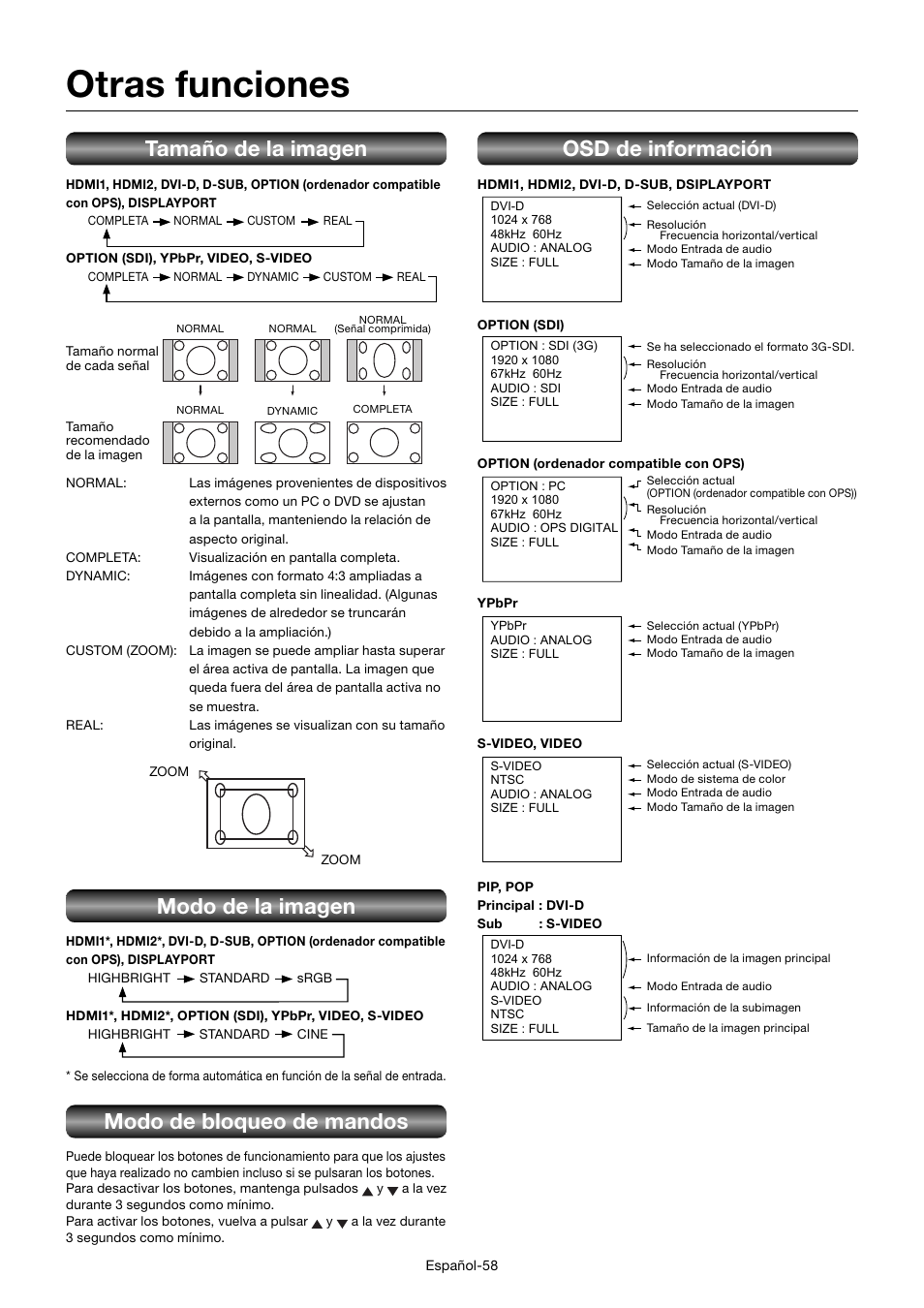 Otras funciones, Tamaño de la imagen, Modo de la imagen | Modo de bloqueo de mandos, Osd de información | MITSUBISHI ELECTRIC MDT552S User Manual | Page 194 / 404