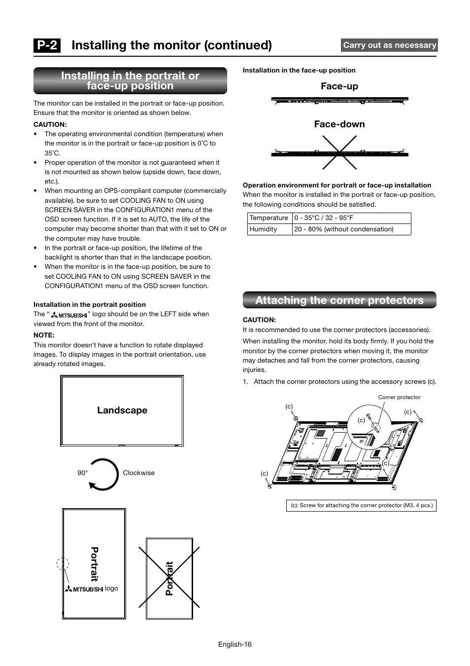 P-2 installing the monitor (continued), Installing in the portrait or face-up position, Attaching the corner protectors | Face-up face-down, Po rt ra it po rt ra it, Landscape | MITSUBISHI ELECTRIC MDT552S User Manual | Page 20 / 404