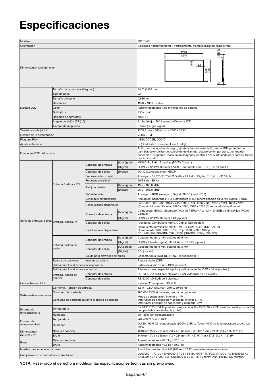 Especifi caciones, Español-64 | MITSUBISHI ELECTRIC MDT552S User Manual | Page 200 / 404