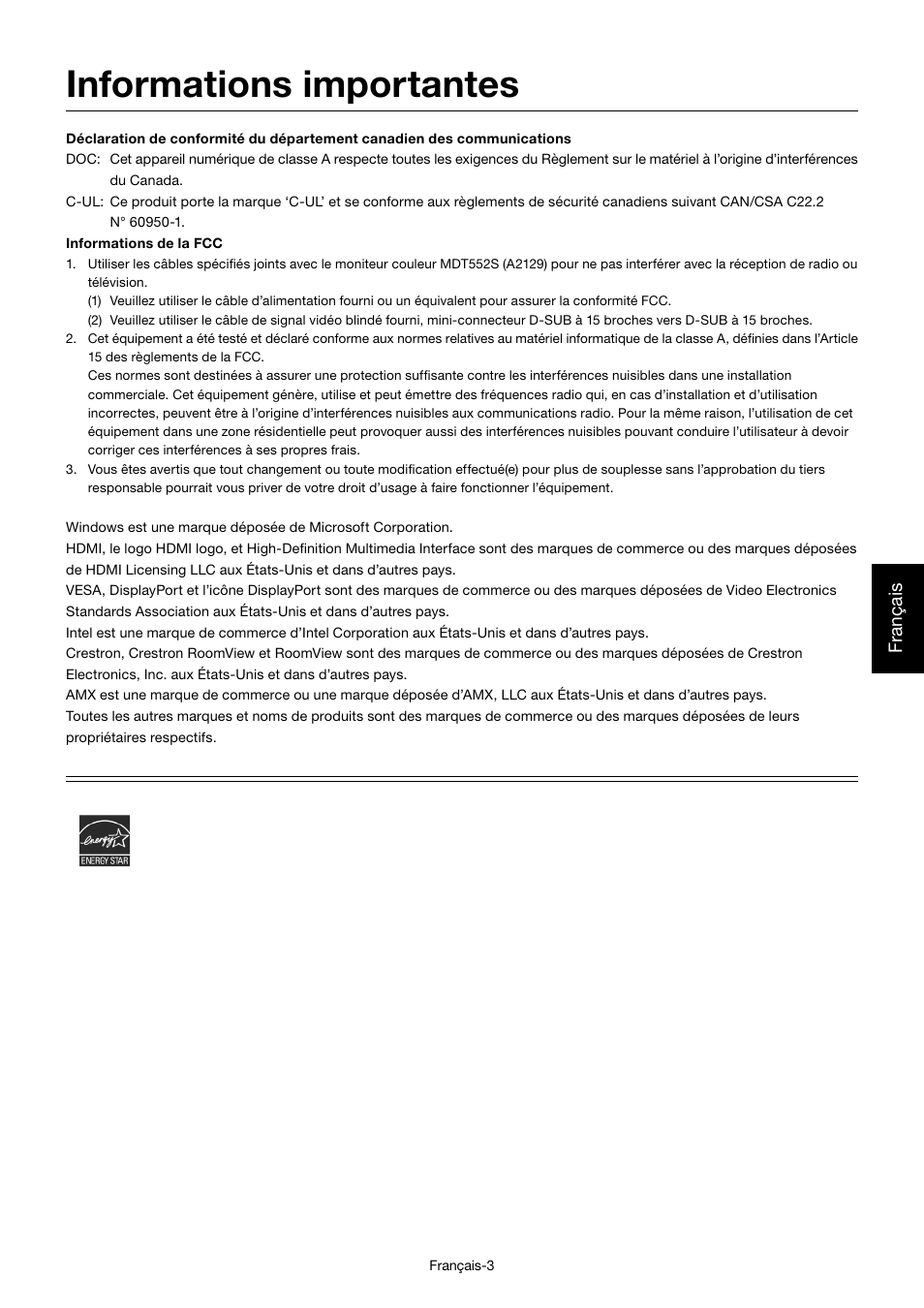 Informations importantes, Français | MITSUBISHI ELECTRIC MDT552S User Manual | Page 205 / 404