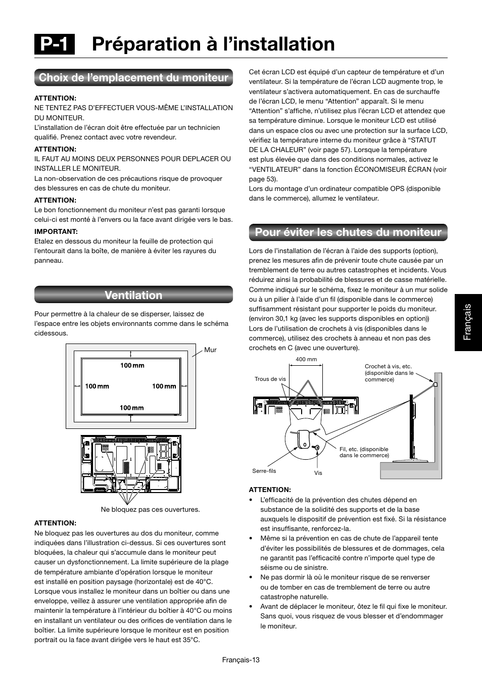 P-1 préparation à l’installation, Pour éviter les chutes du moniteur, Choix de l’emplacement du moniteur | Ventilation, Français | MITSUBISHI ELECTRIC MDT552S User Manual | Page 215 / 404