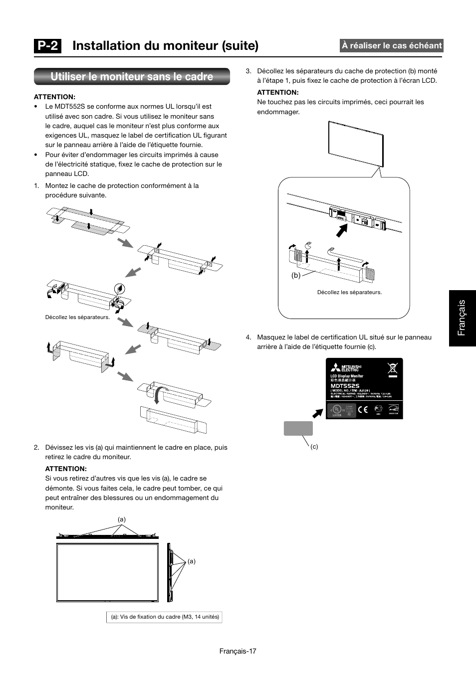 P-2 installation du moniteur (suite), Utiliser le moniteur sans le cadre, Français | MITSUBISHI ELECTRIC MDT552S User Manual | Page 219 / 404