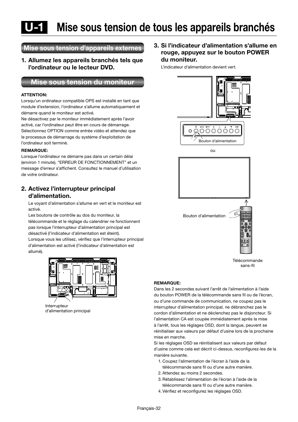Mise sous tension d’appareils externes, Mise sous tension du moniteur, Activez l’interrupteur principal d’alimentation | MITSUBISHI ELECTRIC MDT552S User Manual | Page 234 / 404
