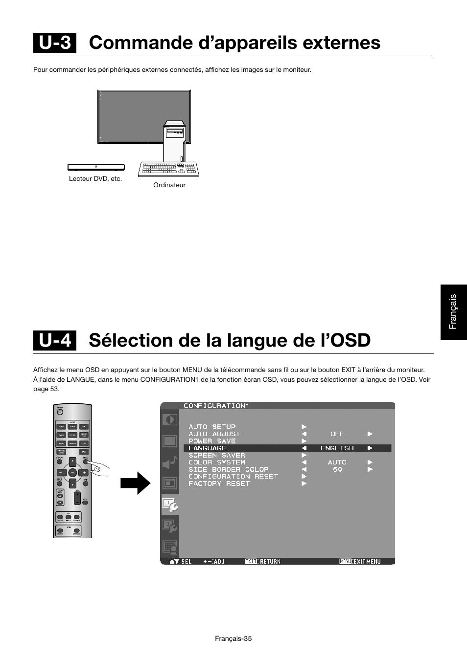 U-4 sélection de la langue de l’osd, U-3 commande d’appareils externes | MITSUBISHI ELECTRIC MDT552S User Manual | Page 237 / 404