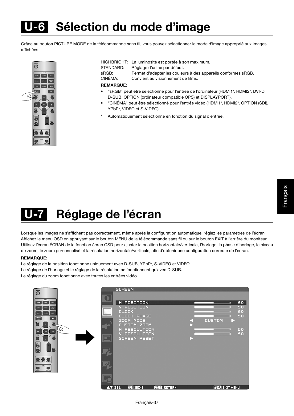 U-7 réglage de l’écran, U-6 sélection du mode d’image | MITSUBISHI ELECTRIC MDT552S User Manual | Page 239 / 404