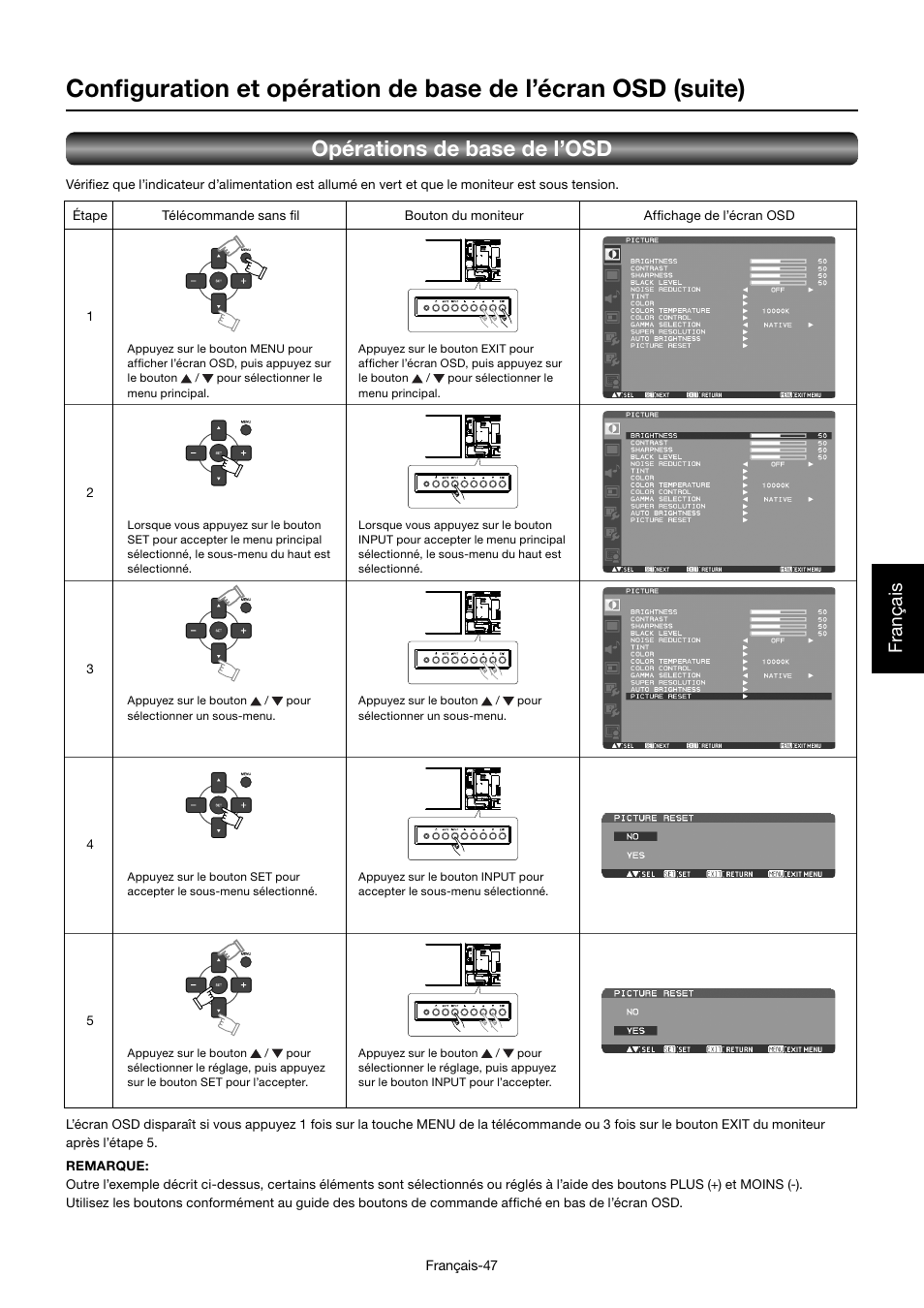 Opérations de base de l’osd, Français | MITSUBISHI ELECTRIC MDT552S User Manual | Page 249 / 404