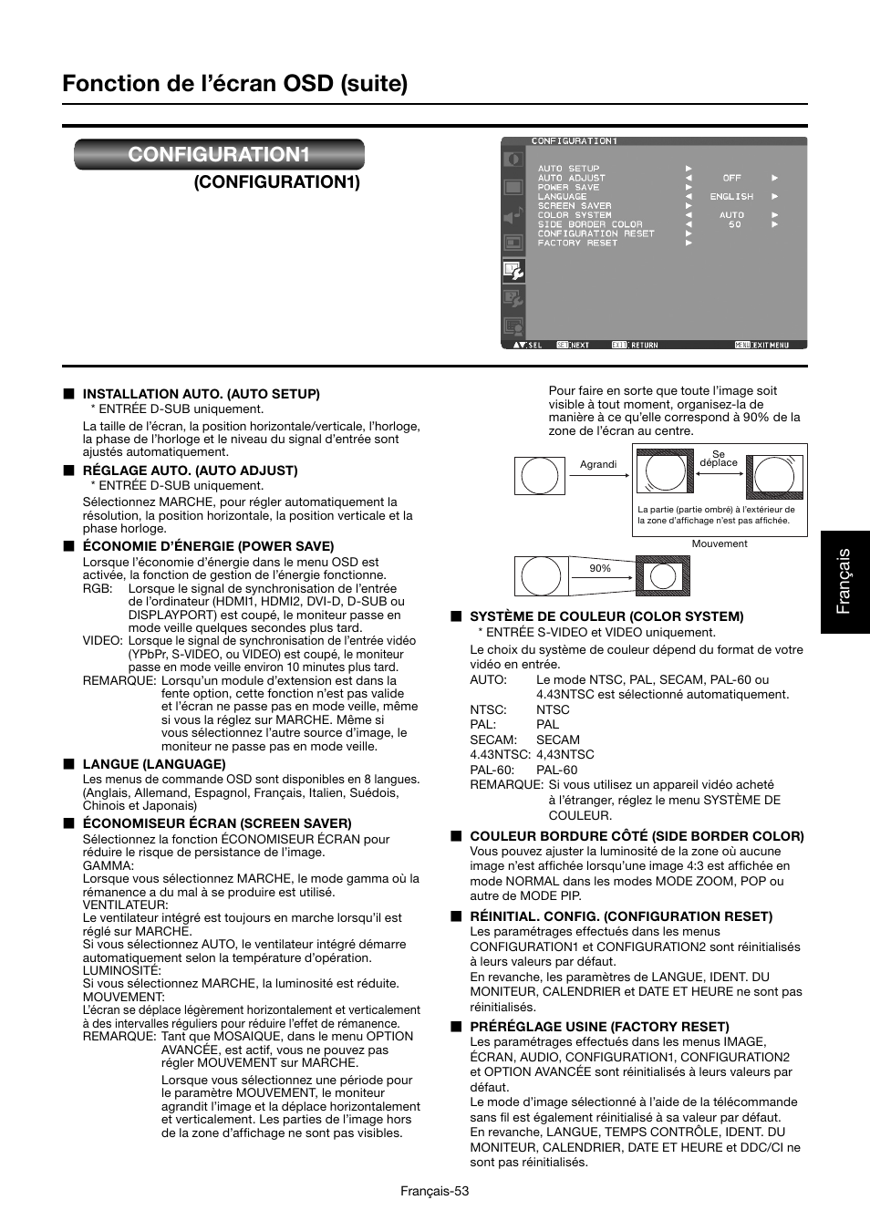 Fonction de l’écran osd (suite), Configuration1, Français | Configuration1) | MITSUBISHI ELECTRIC MDT552S User Manual | Page 255 / 404