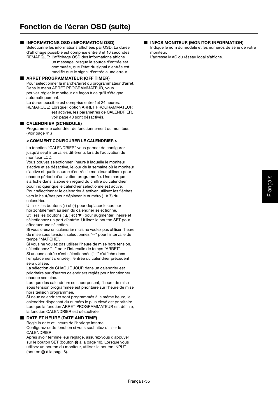Fonction de l’écran osd (suite), Français | MITSUBISHI ELECTRIC MDT552S User Manual | Page 257 / 404