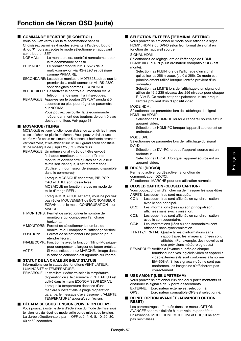 Fonction de l’écran osd (suite), Français | MITSUBISHI ELECTRIC MDT552S User Manual | Page 259 / 404