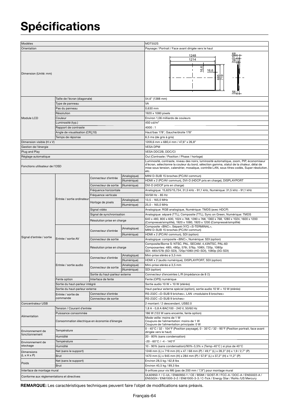 Spécifi cations, Français-64 | MITSUBISHI ELECTRIC MDT552S User Manual | Page 266 / 404