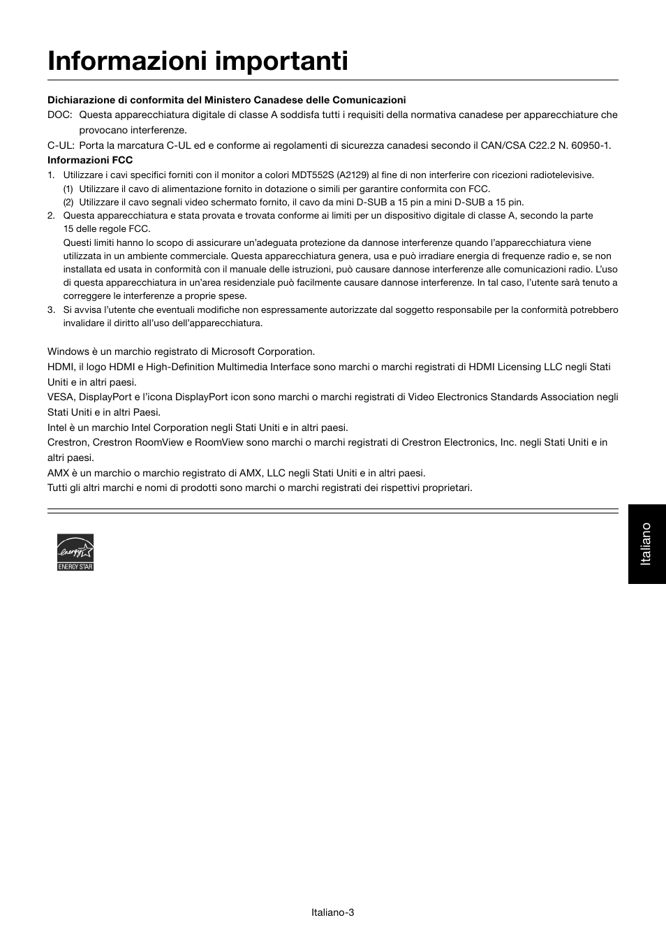 Informazioni importanti, Italiano | MITSUBISHI ELECTRIC MDT552S User Manual | Page 271 / 404