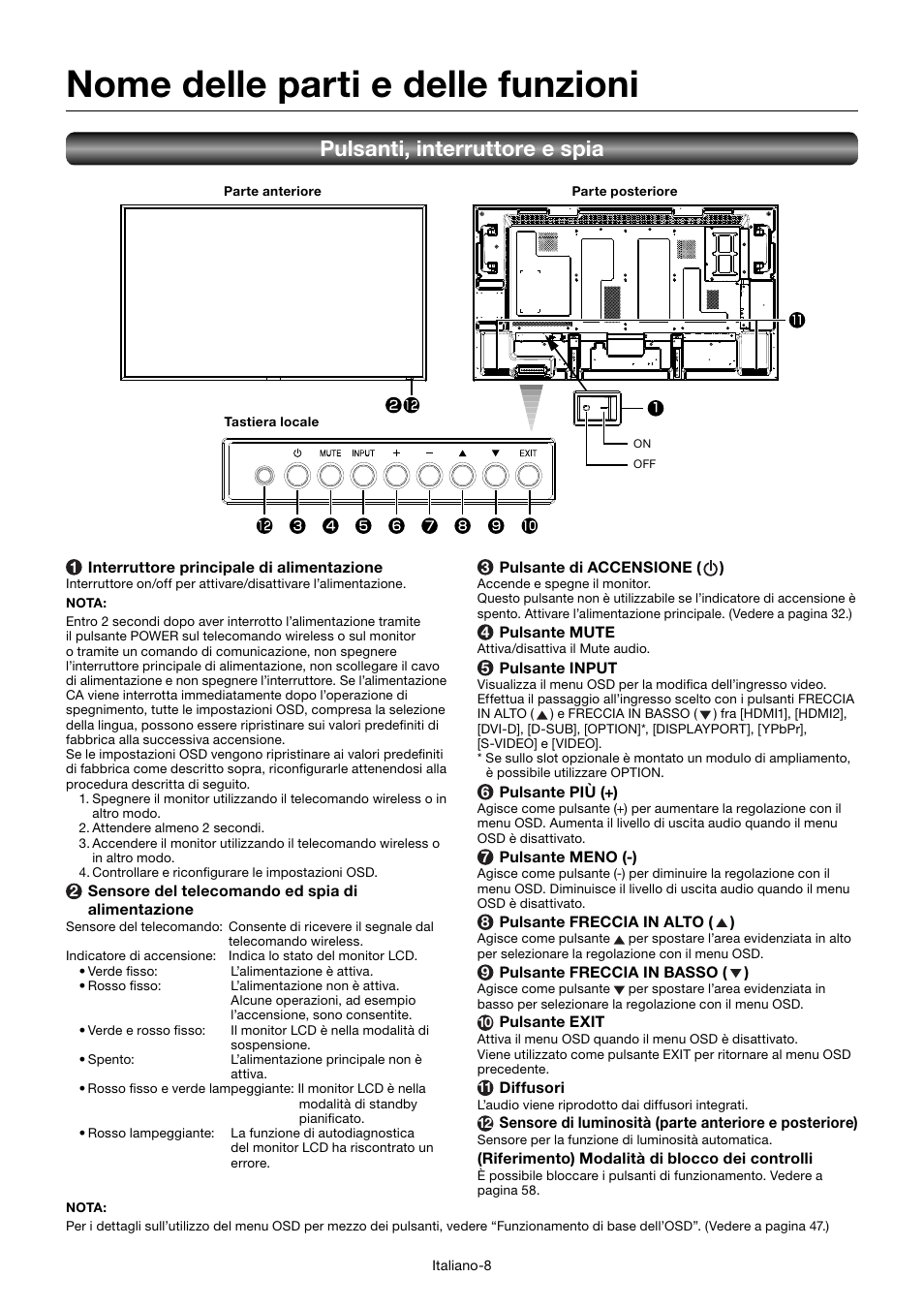 Nome delle parti e delle funzioni, Pulsanti, interruttore e spia | MITSUBISHI ELECTRIC MDT552S User Manual | Page 276 / 404