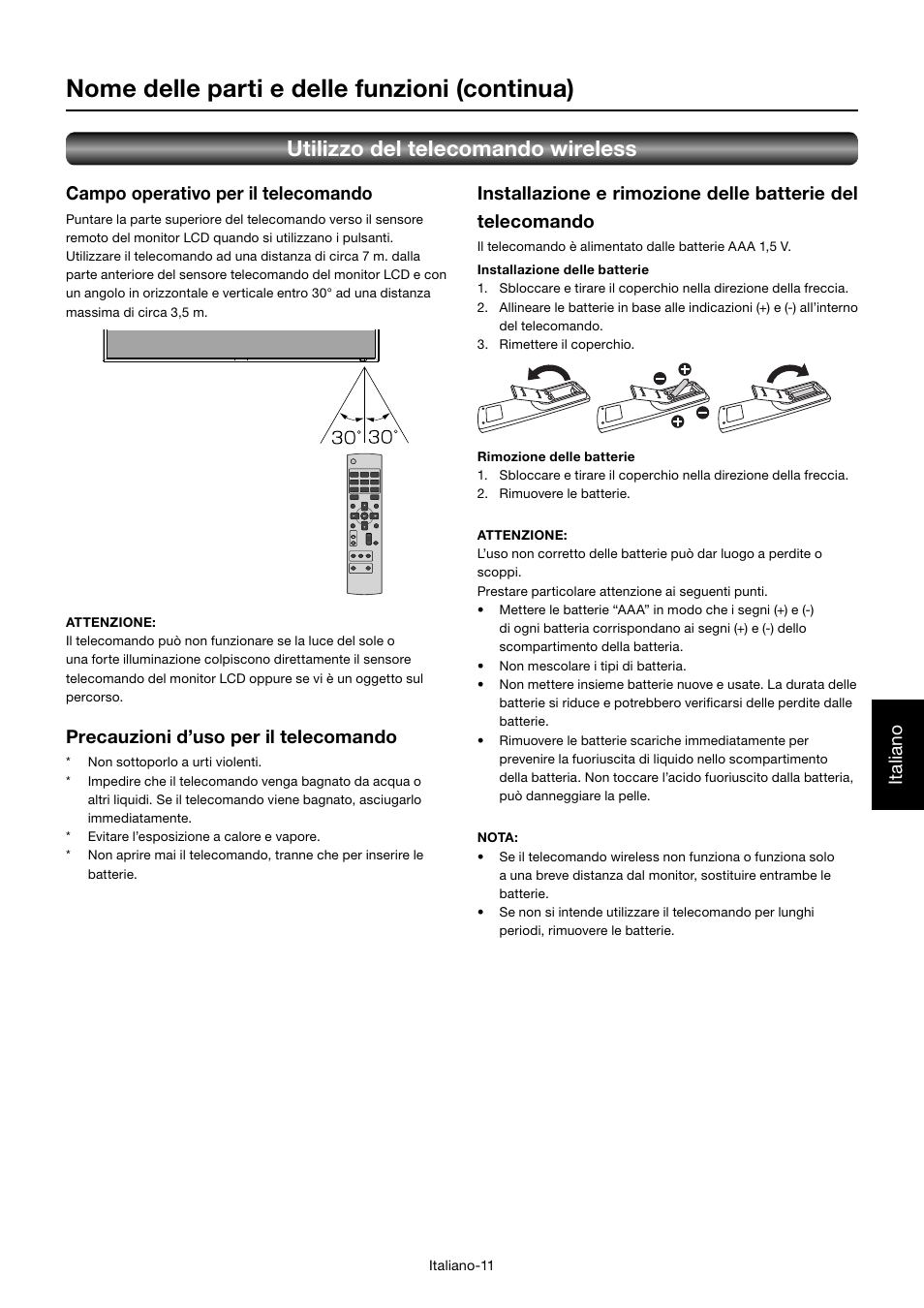 Nome delle parti e delle funzioni (continua), Utilizzo del telecomando wireless, Italiano campo operativo per il telecomando | Precauzioni d’uso per il telecomando | MITSUBISHI ELECTRIC MDT552S User Manual | Page 279 / 404