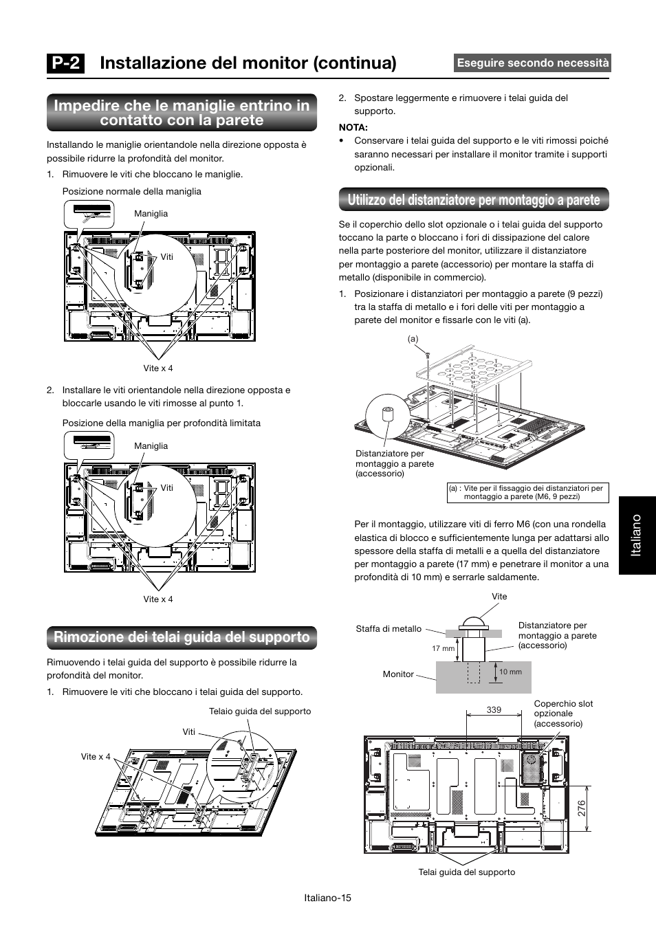 P-2 installazione del monitor (continua), Rimozione dei telai guida del supporto, Utilizzo del distanziatore per montaggio a parete | Italiano | MITSUBISHI ELECTRIC MDT552S User Manual | Page 283 / 404