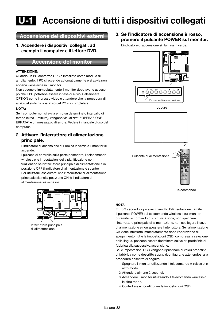 U-1 accensione di tutti i dispositivi collegati, Accensione dei dispositivi esterni, Accensione del monitor | MITSUBISHI ELECTRIC MDT552S User Manual | Page 300 / 404