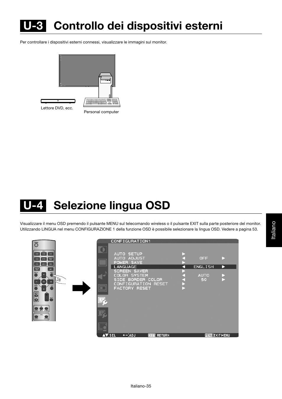 U-4 selezione lingua osd, U-3 controllo dei dispositivi esterni | MITSUBISHI ELECTRIC MDT552S User Manual | Page 303 / 404