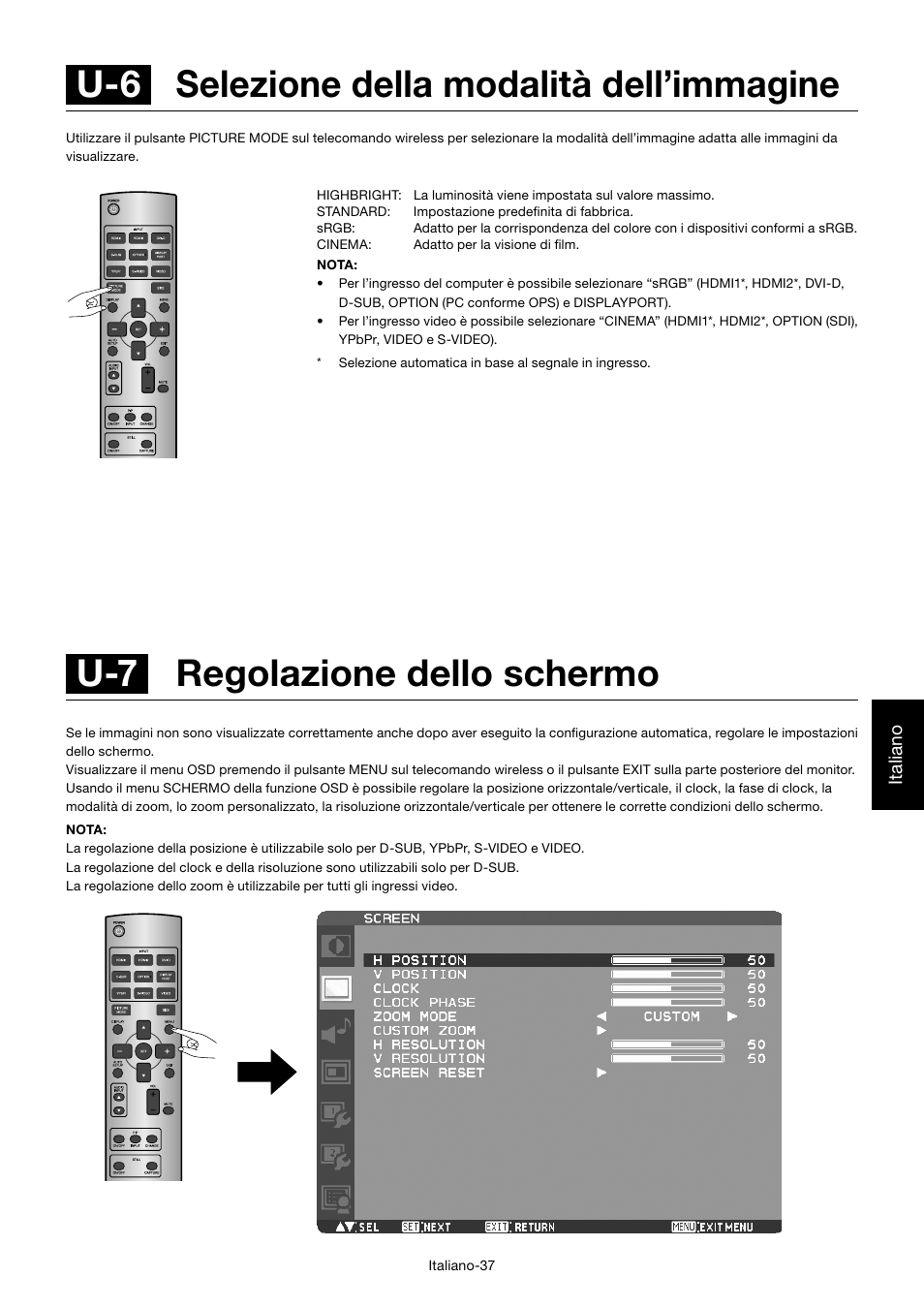 U-7 regolazione dello schermo, U-6 selezione della modalità dell’immagine | MITSUBISHI ELECTRIC MDT552S User Manual | Page 305 / 404