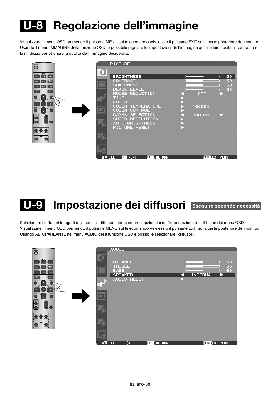 U-9 impostazione dei diffusori, U-8 regolazione dell’immagine | MITSUBISHI ELECTRIC MDT552S User Manual | Page 306 / 404