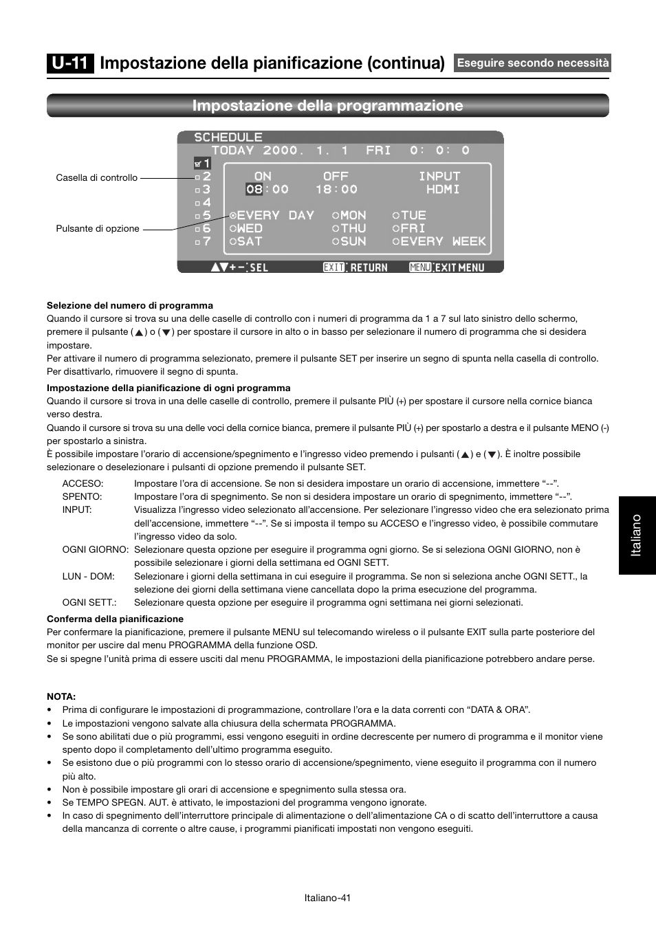 U-11 impostazione della pianifi cazione (continua), Impostazione della programmazione, Italiano | MITSUBISHI ELECTRIC MDT552S User Manual | Page 309 / 404