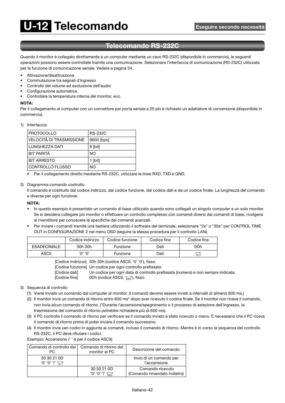 U-12 telecomando, Telecomando rs-232c | MITSUBISHI ELECTRIC MDT552S User Manual | Page 310 / 404