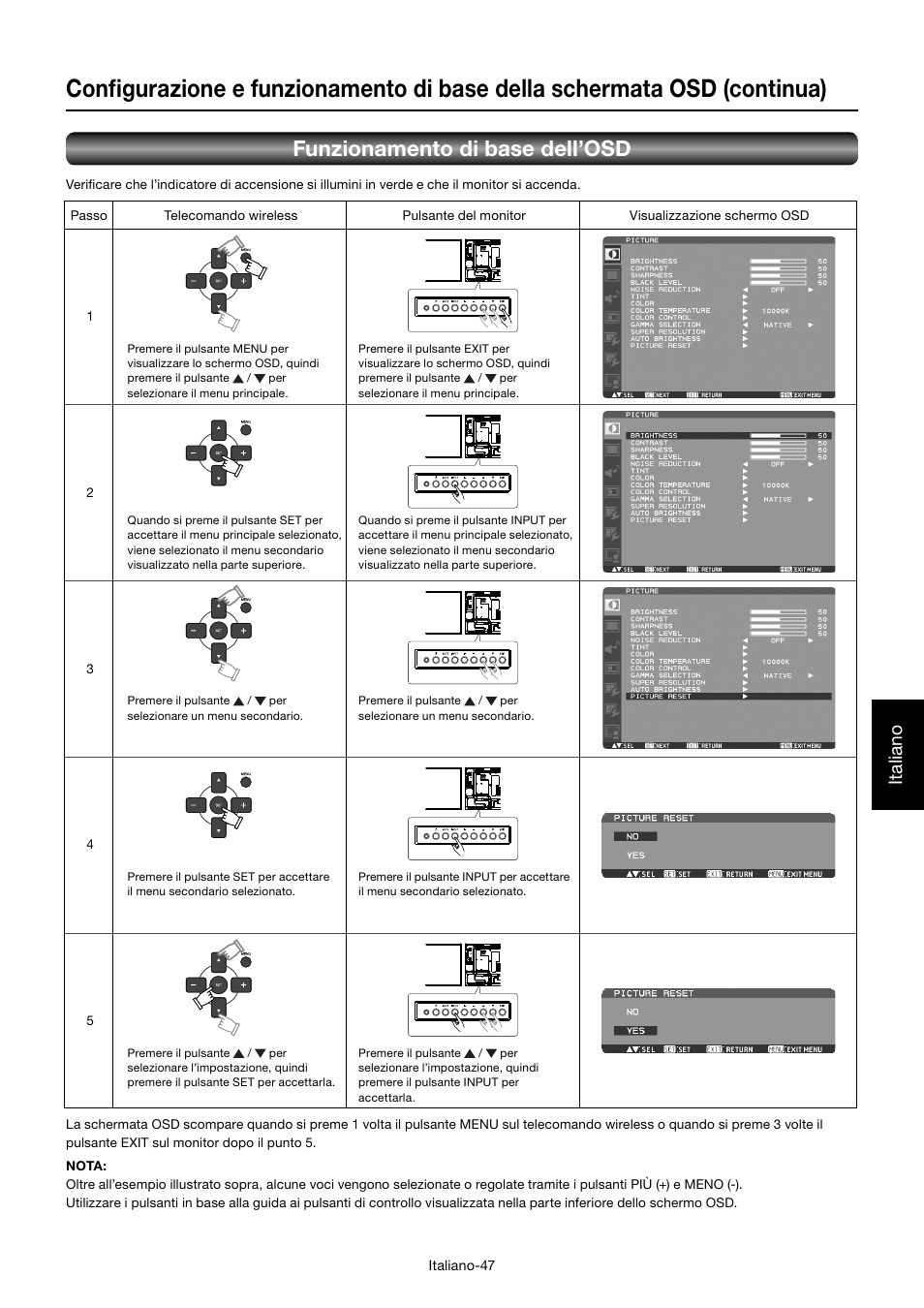 Funzionamento di base dell’osd, Italiano | MITSUBISHI ELECTRIC MDT552S User Manual | Page 315 / 404