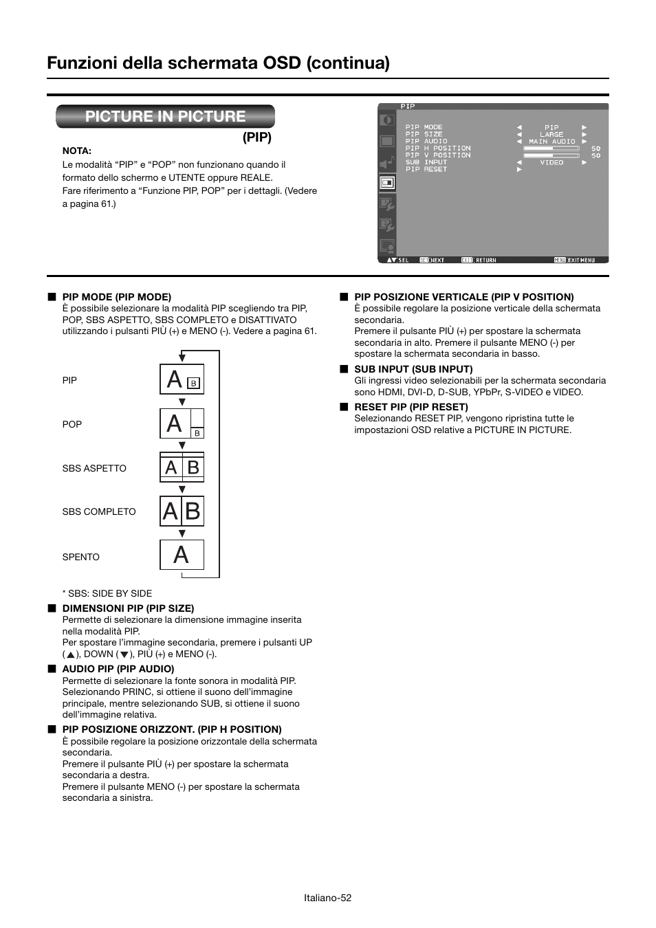 Funzioni della schermata osd (continua), Picture in picture, Pip) | MITSUBISHI ELECTRIC MDT552S User Manual | Page 320 / 404