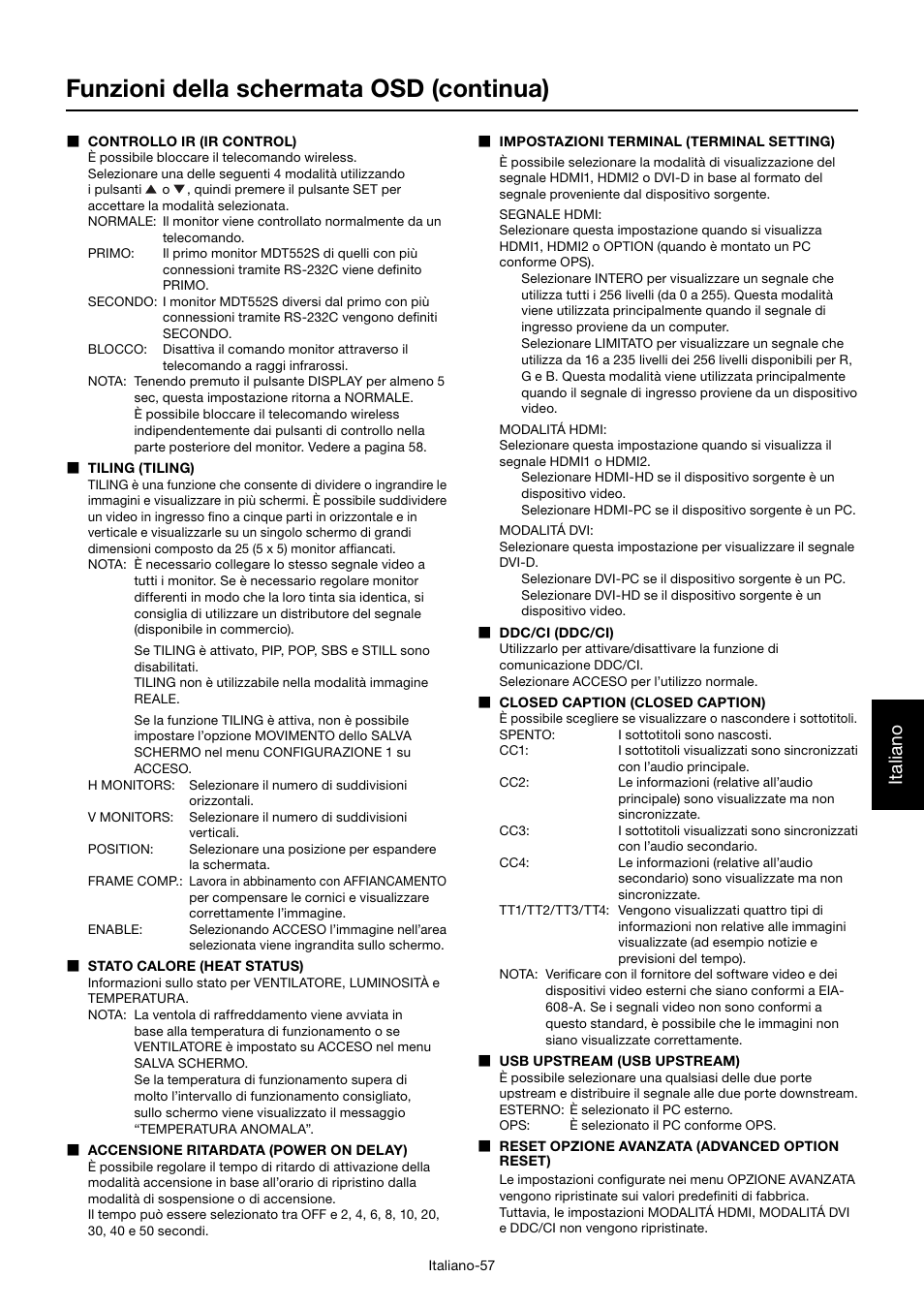 Funzioni della schermata osd (continua), Italiano | MITSUBISHI ELECTRIC MDT552S User Manual | Page 325 / 404