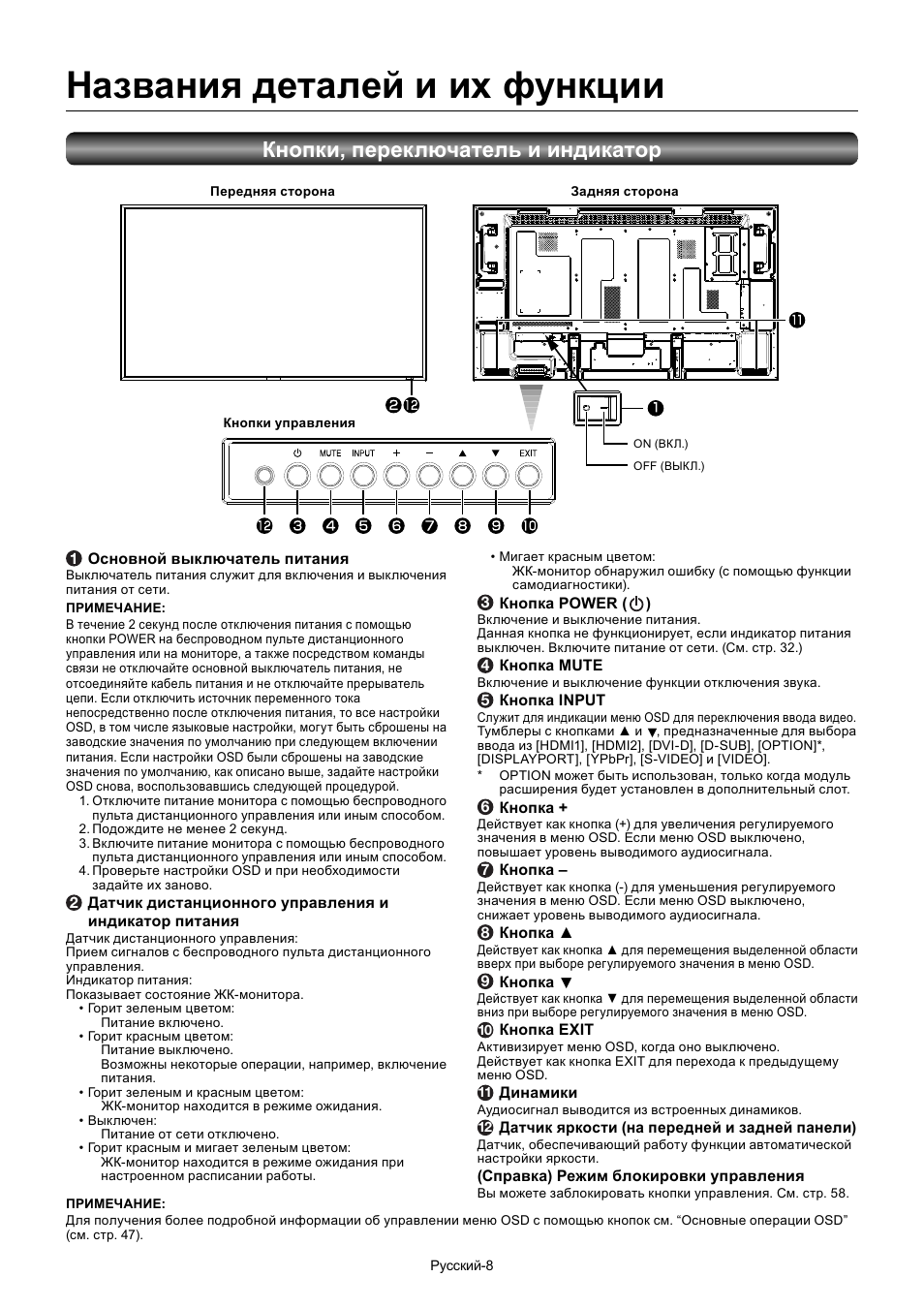 Названия деталей и их функции, Кнопки, переключатель и индикатор | MITSUBISHI ELECTRIC MDT552S User Manual | Page 342 / 404